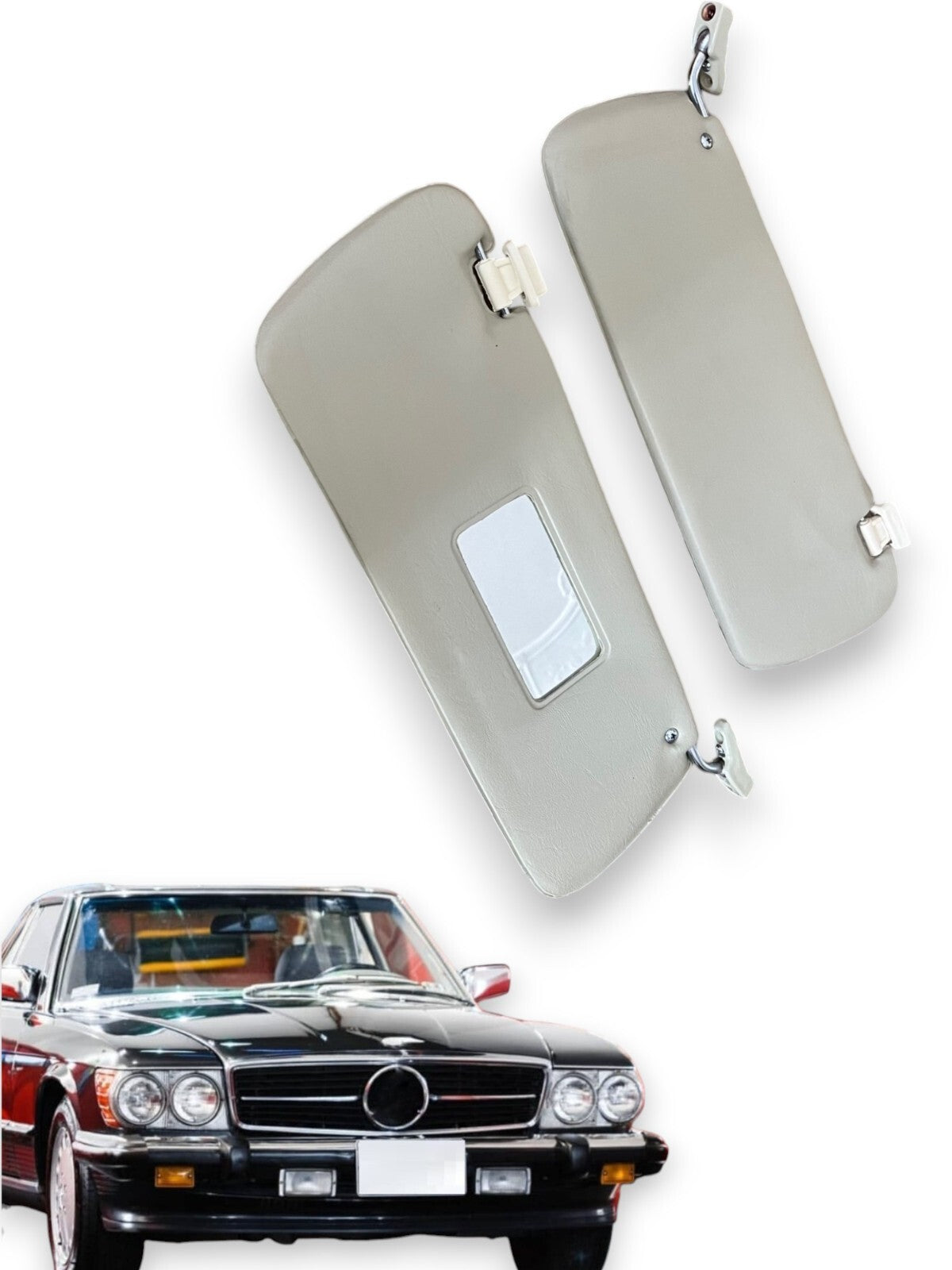 Sonnenblenden Sunvisor Paar mit Stangen + Clips für Mercedes SL R107 Pergament.