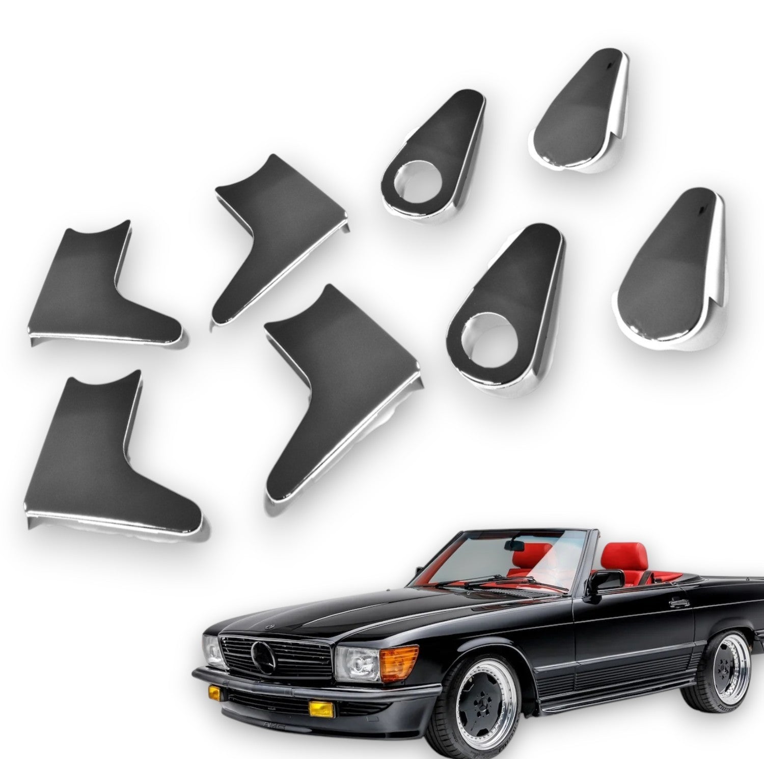 8-teiliges Sitz Chromset Zierleisten für Mercedes Benz SL 107 ab. 9/1977